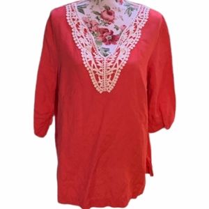 EUC GRACE ELEMENTS Linen Blend Bohemian Crochet-Trim V-Neck 3/4-Sleeve Tunic